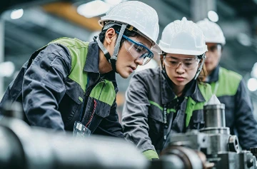 Trabajadores de fabricaci&oacute;n de maquinaria en taller